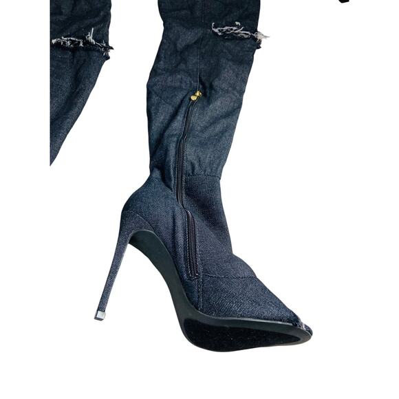 Liliana Barbara Thigh High Over Knee Denim Open Toe Stiletto Heel Boot Black 7.5 - Picture 8 of 12